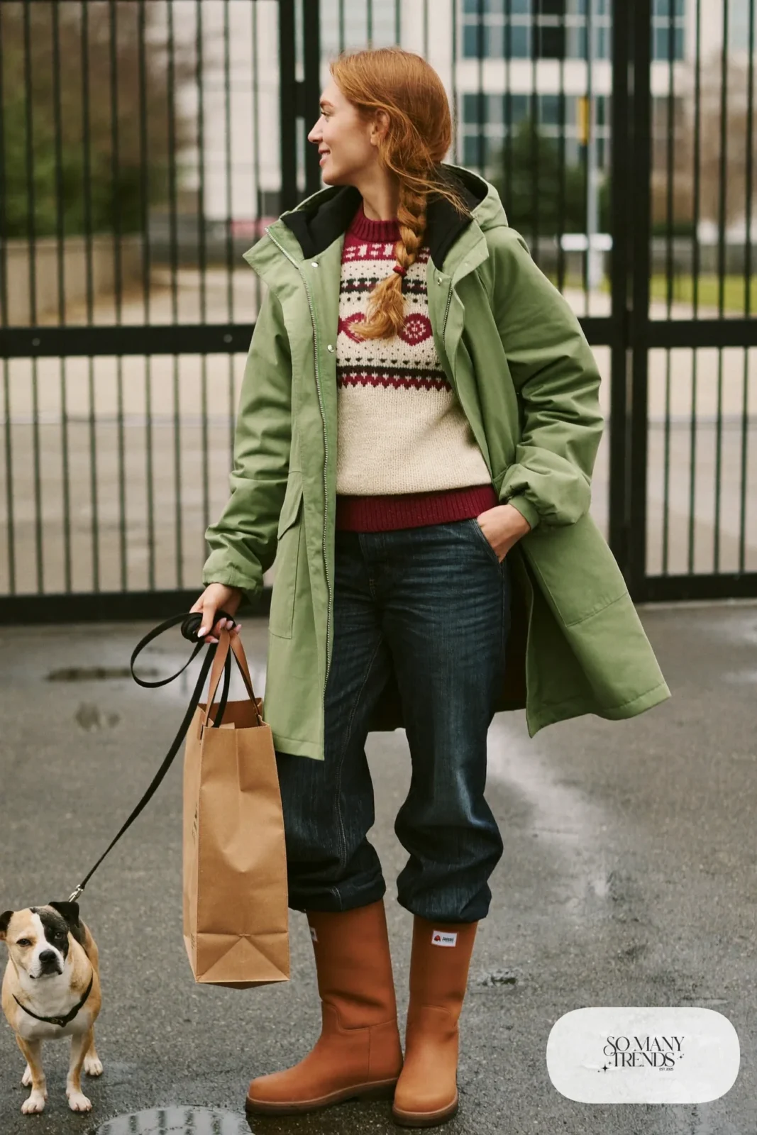 pine green parka cream fair isle sweater dark jeans waterproof leather boots outfit 4