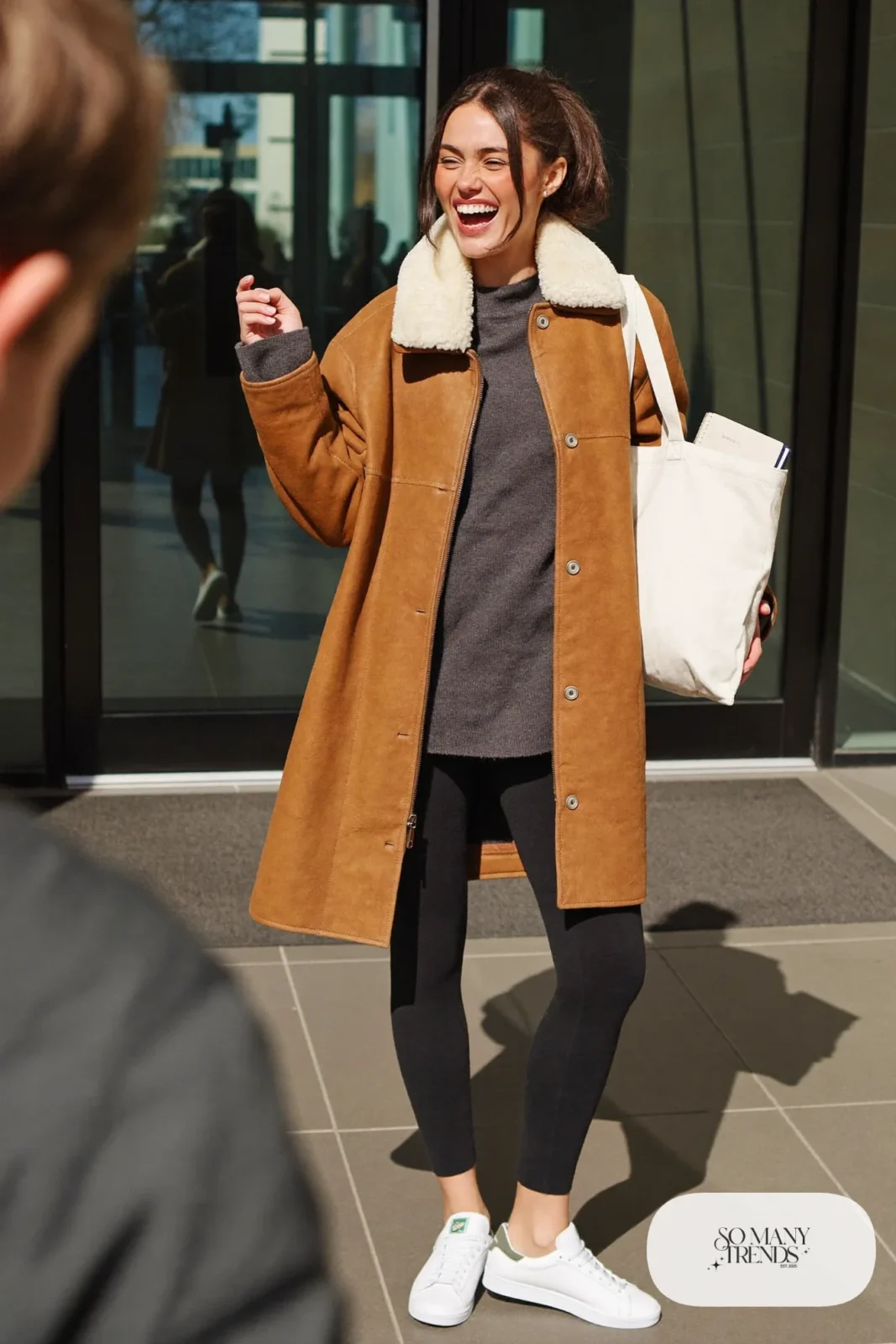 camel sherpa collar jacket black thermal leggings grey crewneck sweater white leather sneakers outfit 6