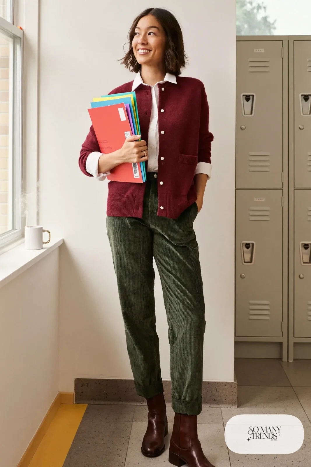 oxblood cardigan white poplin shirt dark green corduroy pants brown leather ankle boots outfit 8