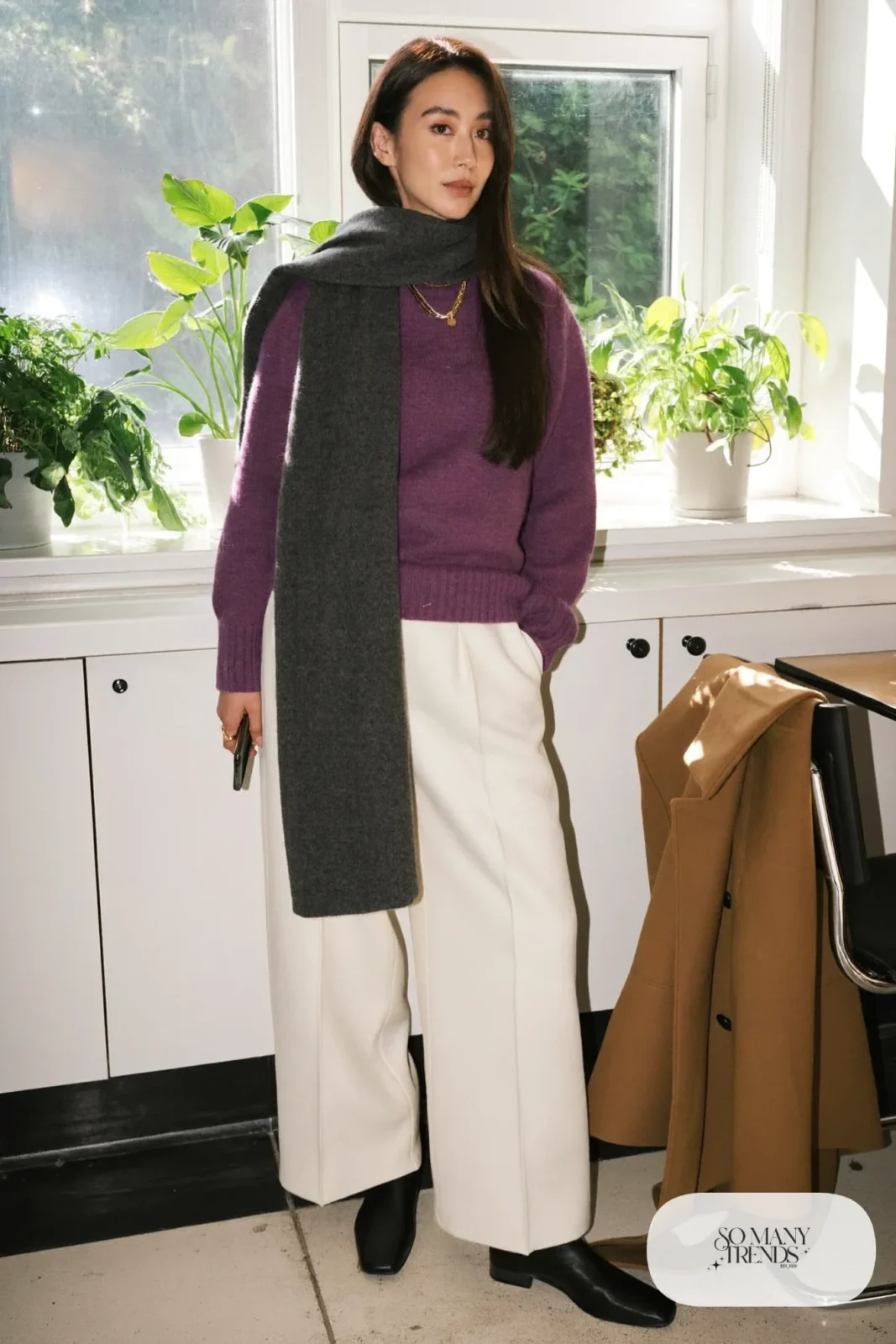 plum sweater wide cream trousers charcoal scarf layered gold necklaces flat boots outfit 10