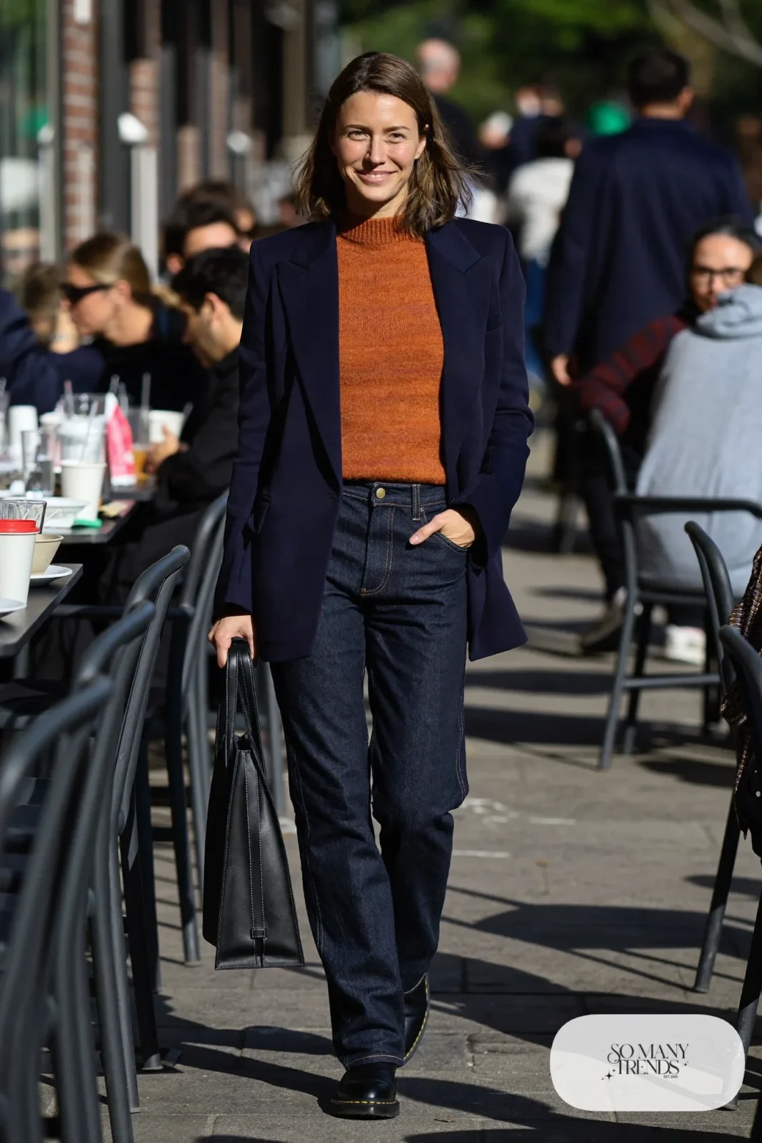 rust mock neck knit navy wool blazer dark jeans leather lug-sole boots outfit 11