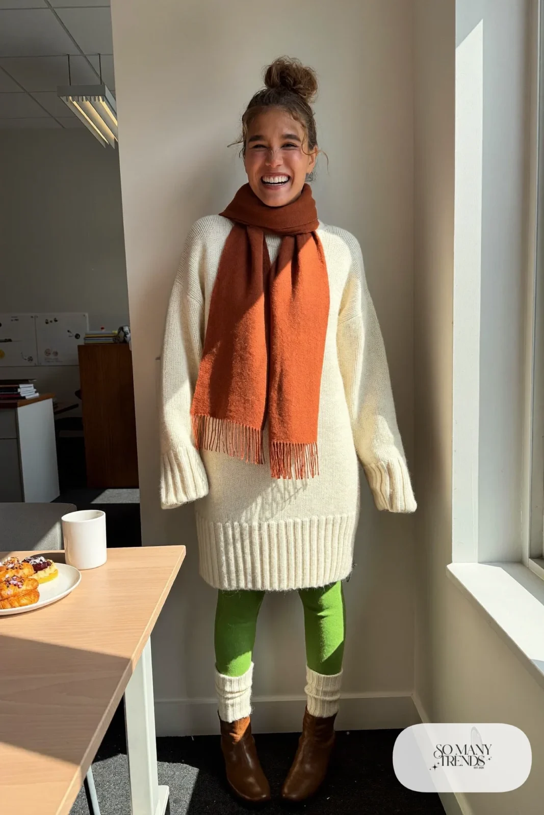 cream fisherman sweater pine green fleece lined leggings wool socks brown leather boots scarf outfit 12