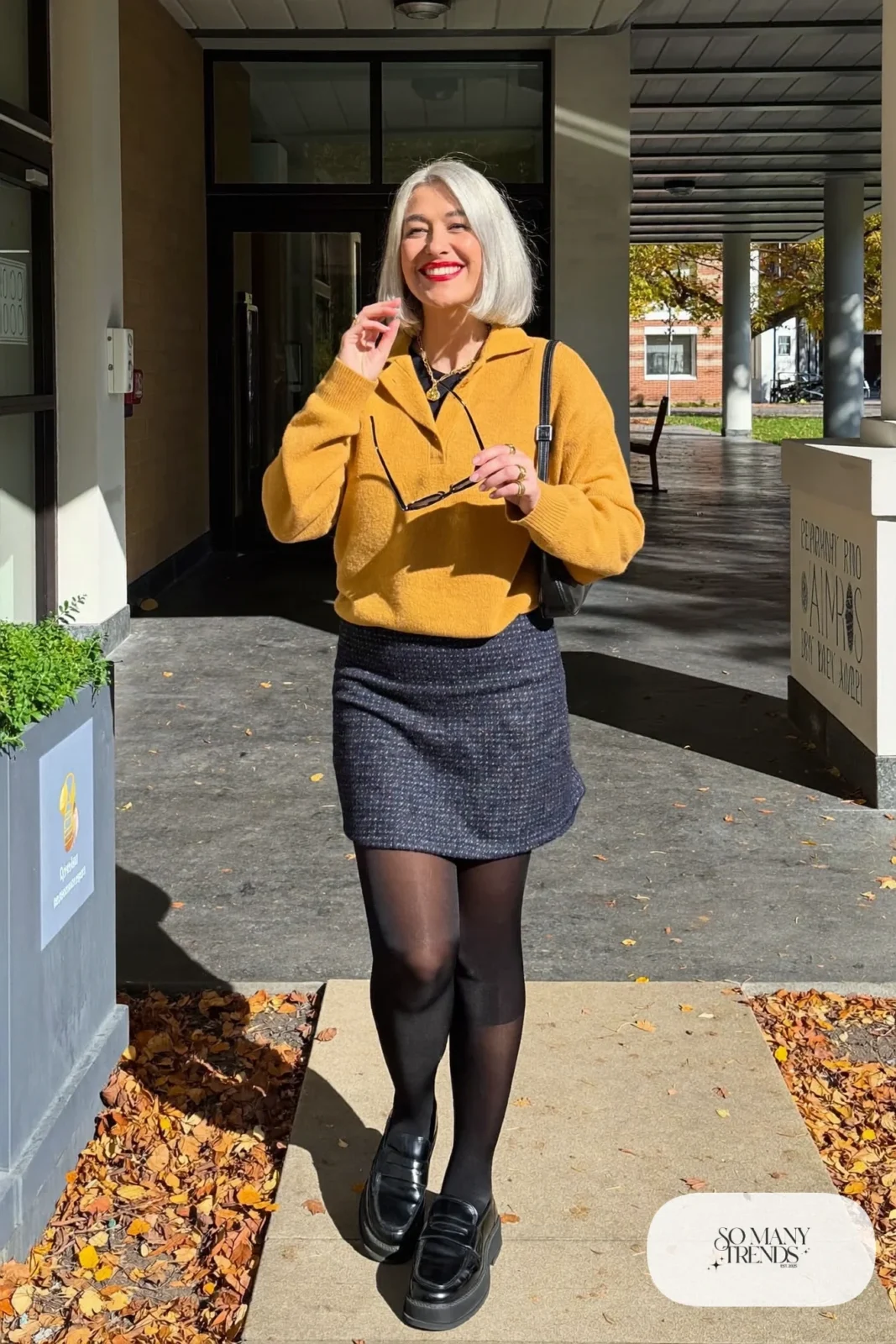 navy tweed skirt mustard sweater black opaque tights chunky leather loafers outfit 15