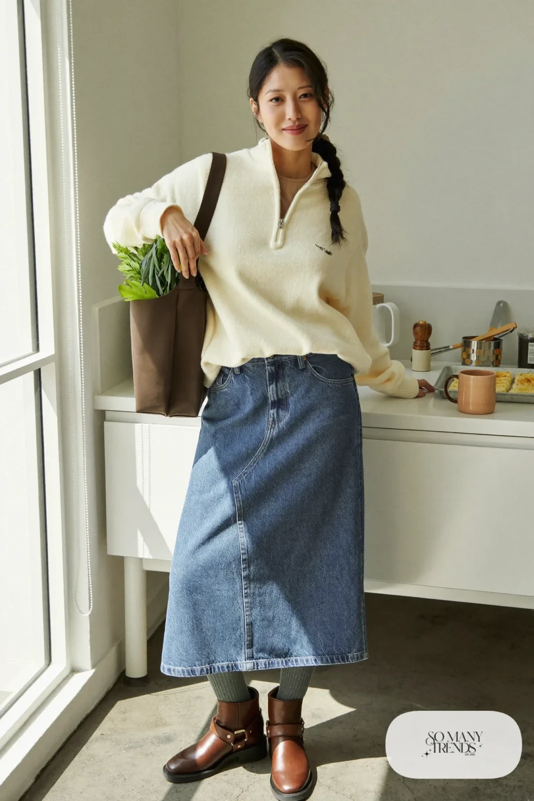 denim midi skirt cream fleece half zip grey opaque tights brown ankle boots outfit 16