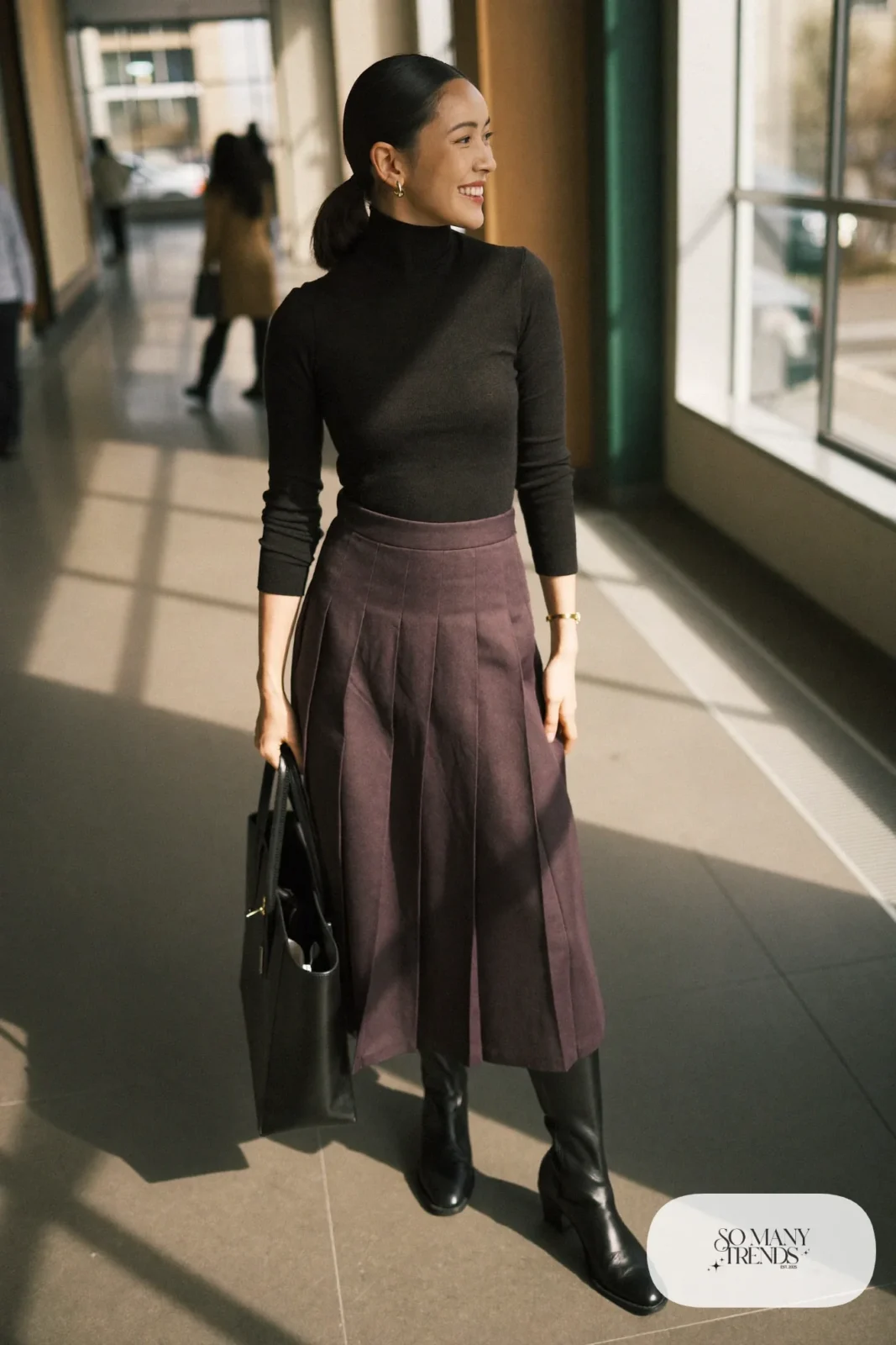plum pleated midi skirt black fine knit turtleneck dark tights tall black boots outfit 17