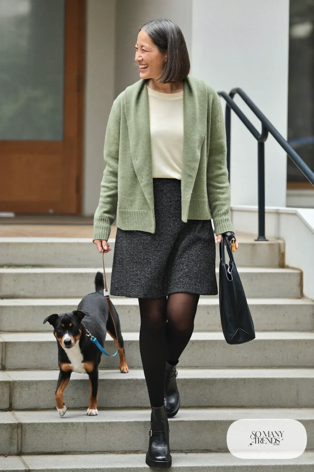 charcoal wool a-line skirt pine green long cardigan thick tights leather lug-sole boots outfit 19