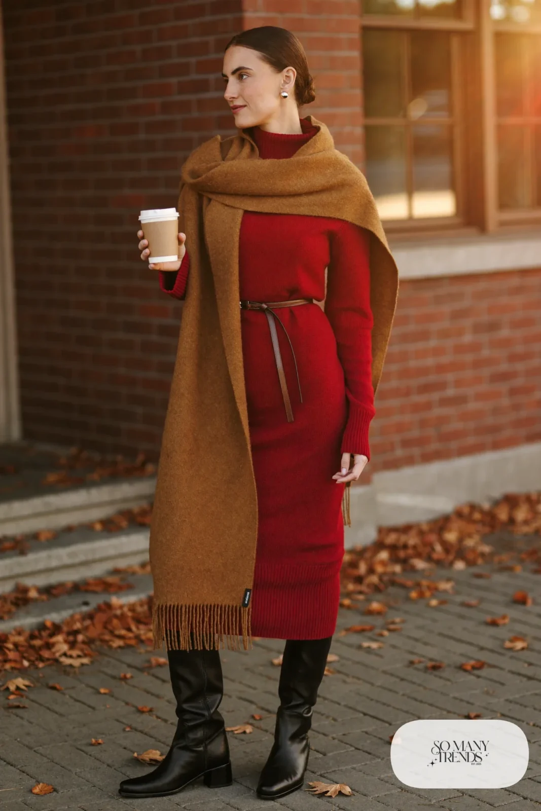 oxblood sweater dress thin leather belt tall black boots camel scarf outfit 20