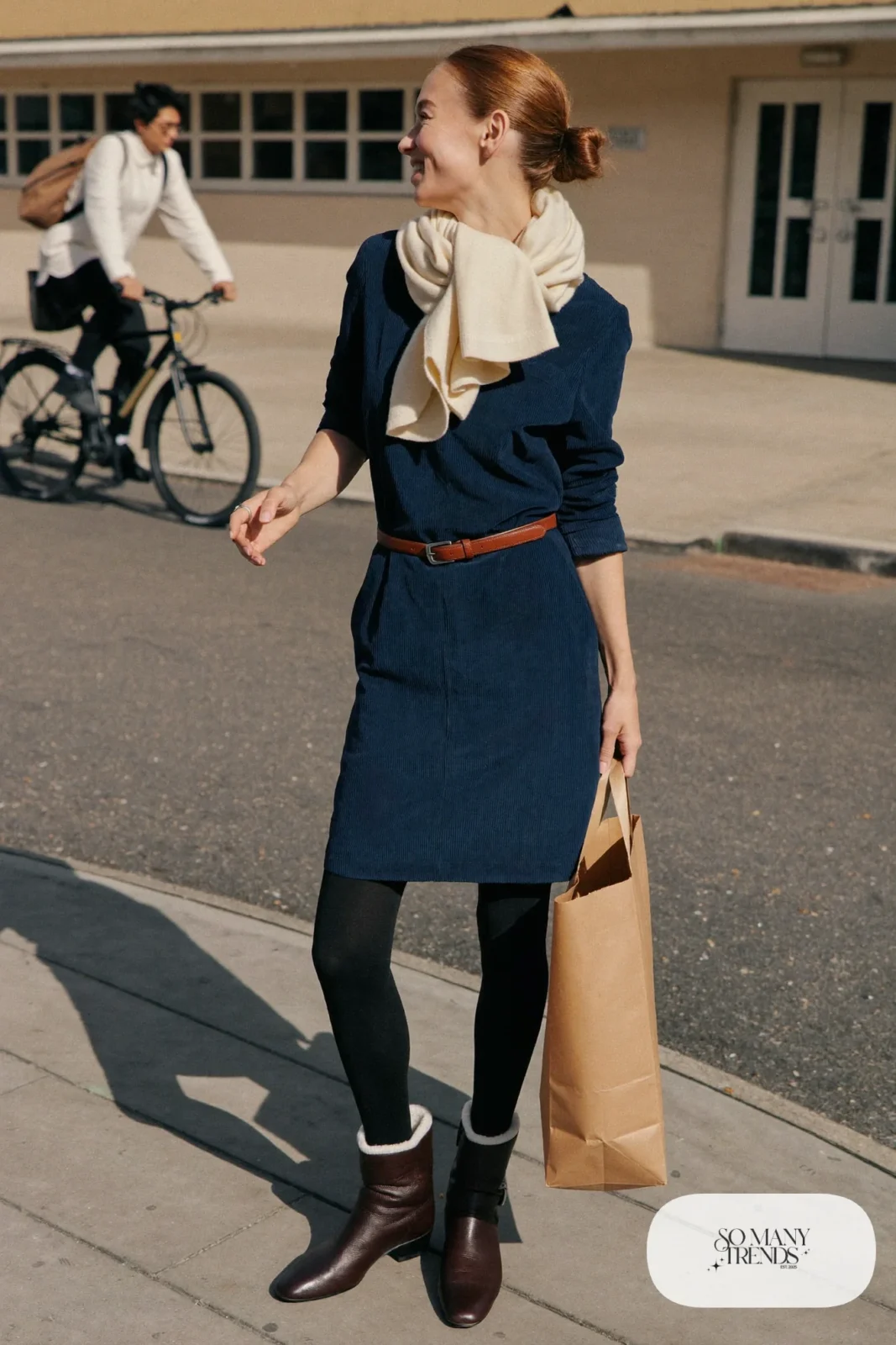 navy corduroy shirt dress fleece lined tights cream scarf brown ankle boots belt outfit 21