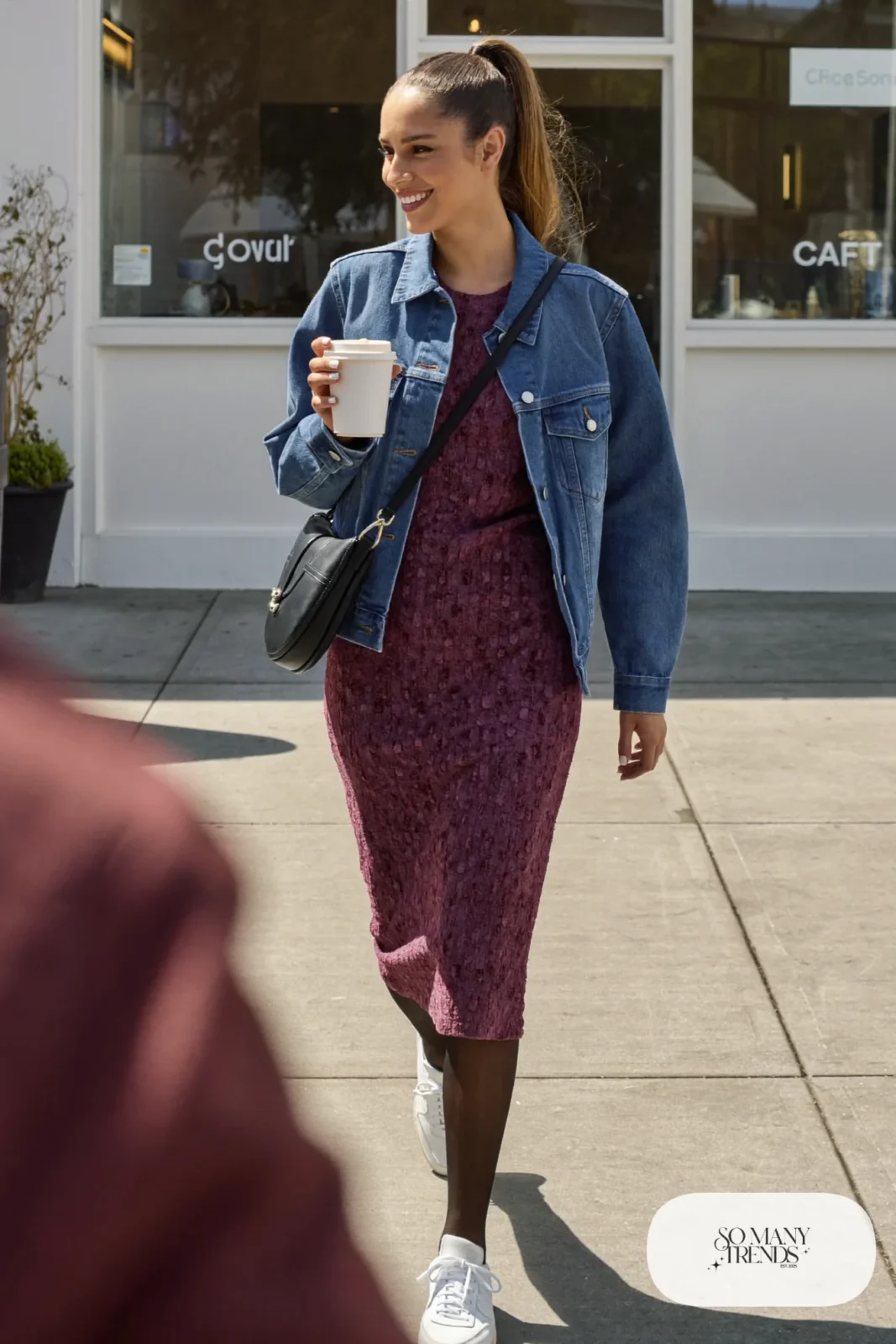 plum knit midi dress mid wash denim jacket black tights white leather sneakers outfit 23
