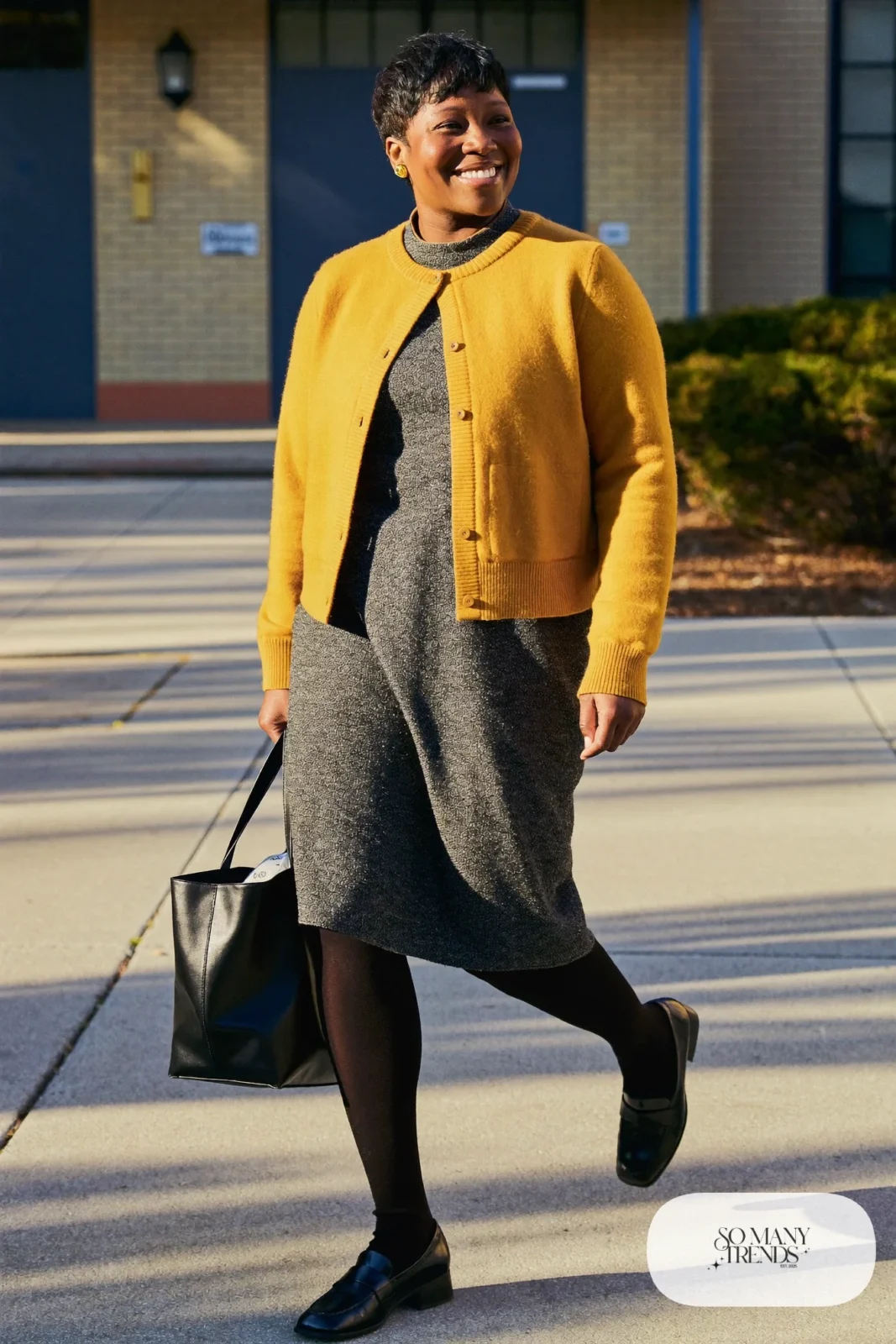 charcoal tweed shift dress mustard cardigan opaque tights low block heel loafers outfit 25