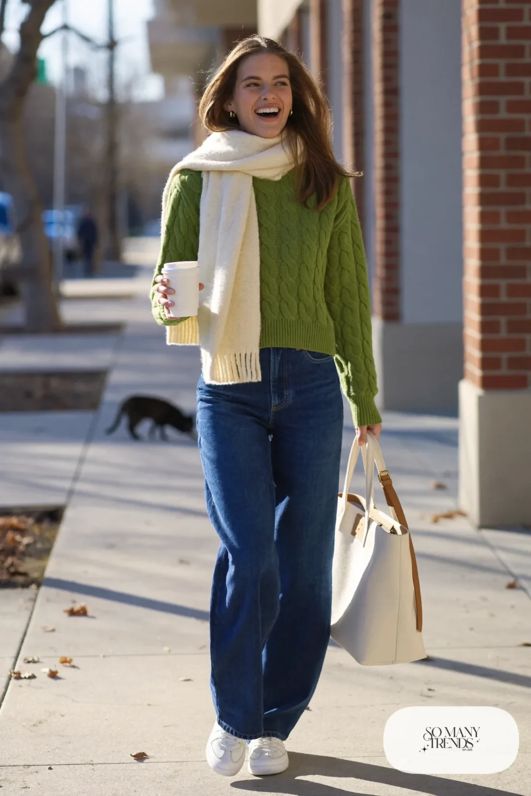 wide leg dark jeans pine green cable sweater white leather sneakers cream scarf outfit 26