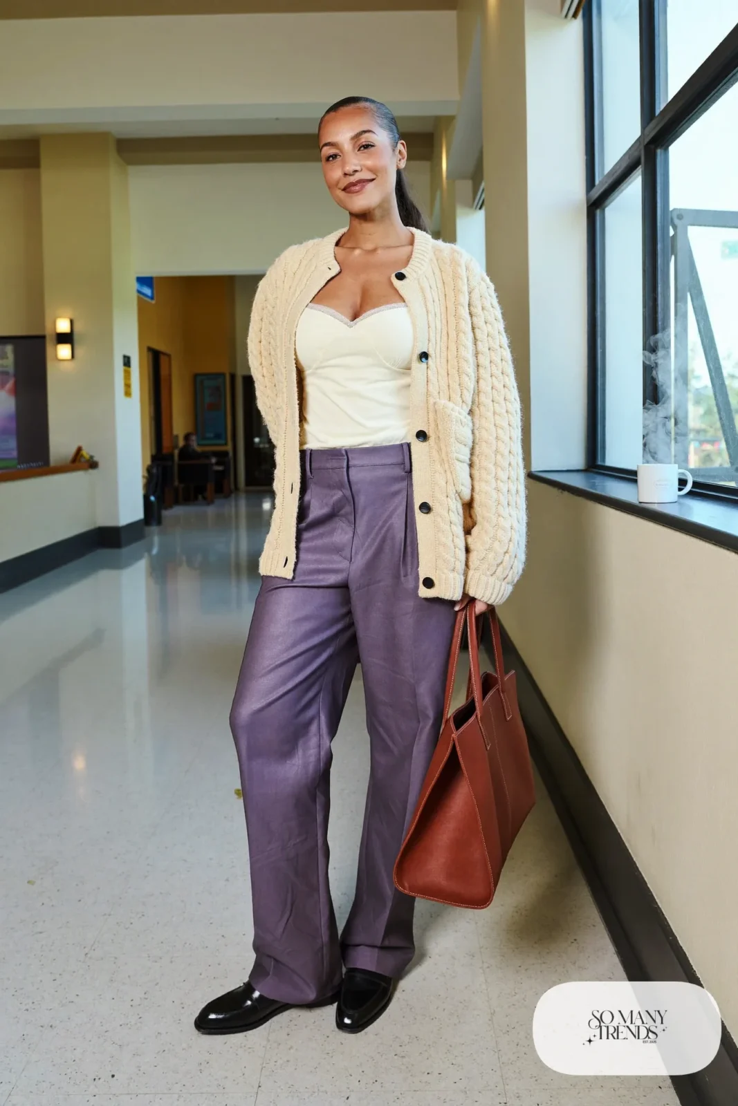 plum tailored trousers cream cable cardigan thin camisole black leather loafers outfit 30