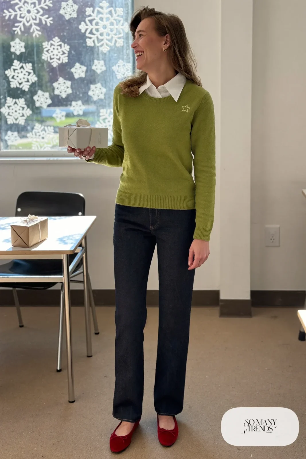 pine green fine knit sweater embroidered star white collared shirt dark jeans red velvet flats gold earrings outfit 31