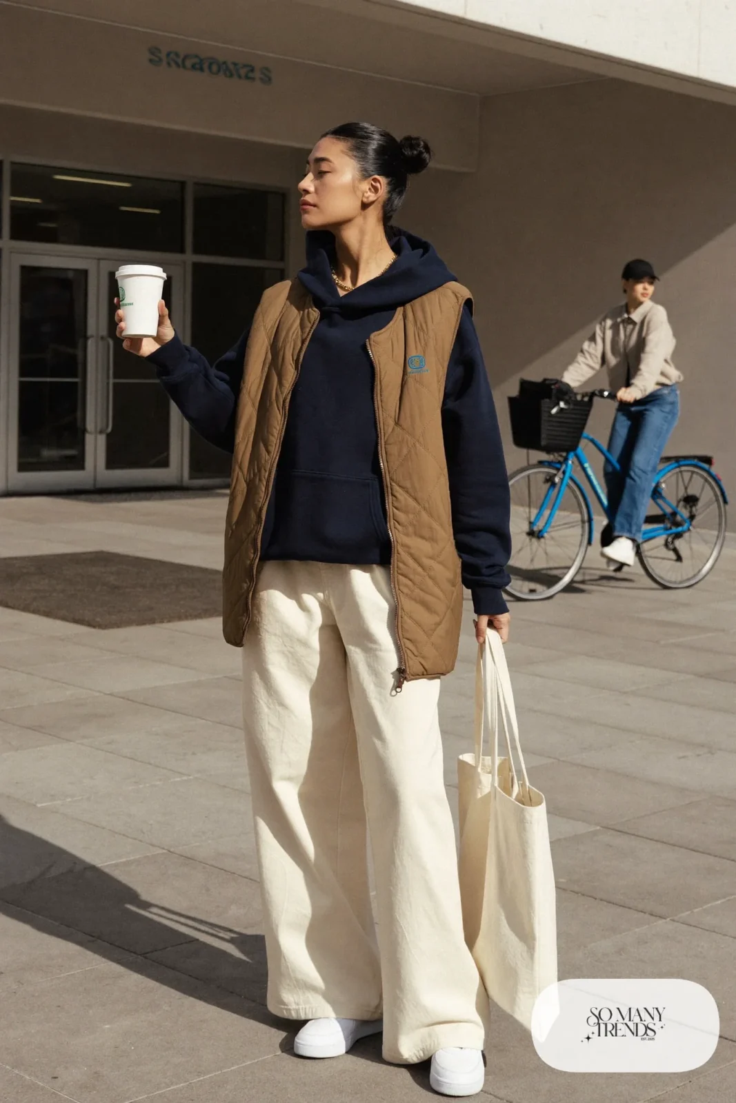 fitted navy hoodie cream wide trousers camel quilted vest white sneakers gold chain outfit 32