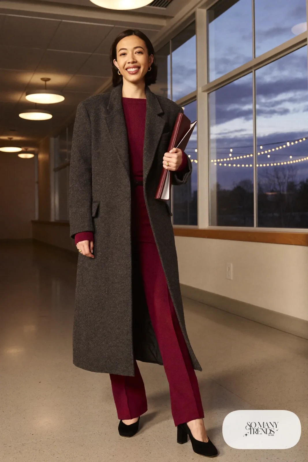 oxblood fine knit top wide leg trousers set long charcoal coat black block heels outfit 33
