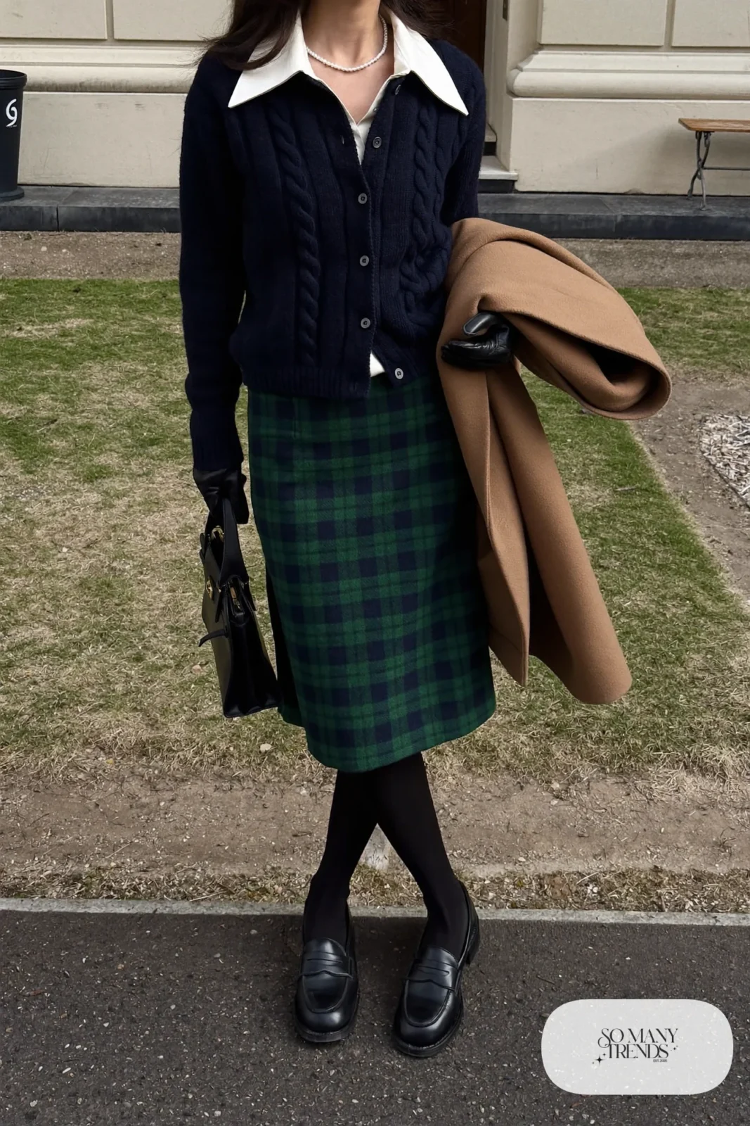 navy cardigan white blouse green plaid midi skirt black tights ankle strap flats outfit 2