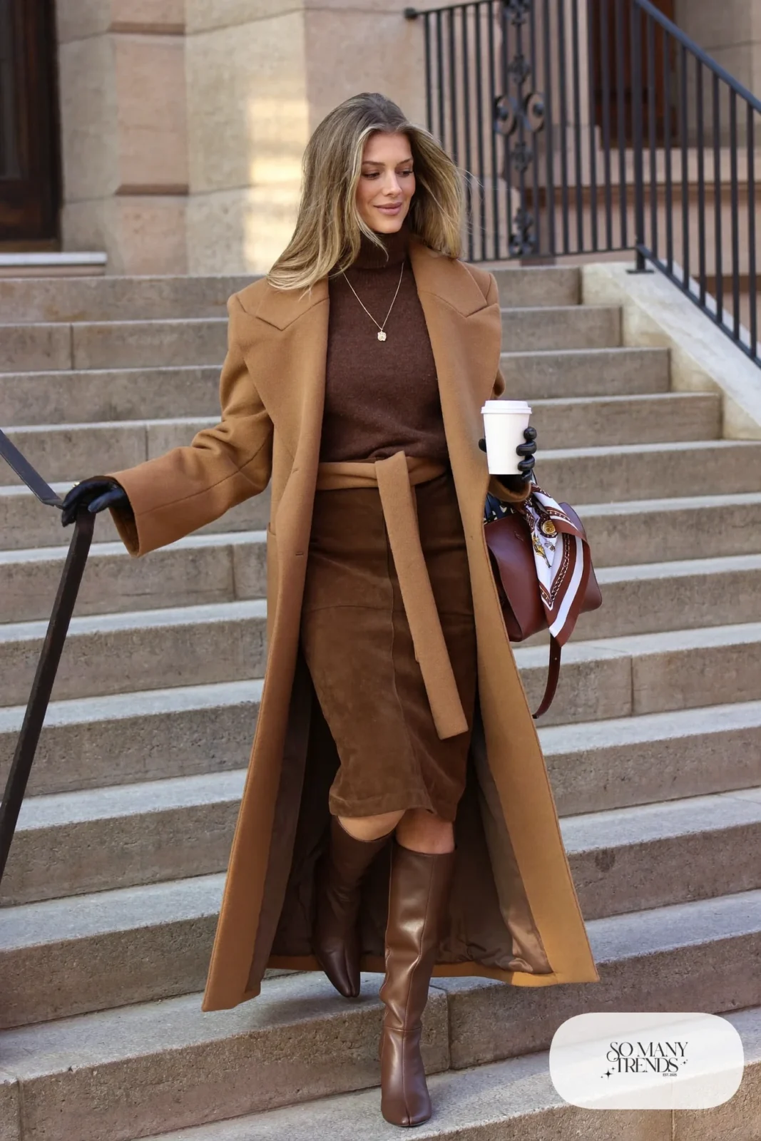 chocolate brown turtleneck brown A-line midi skirt camel belted coat brown boots outfit 3