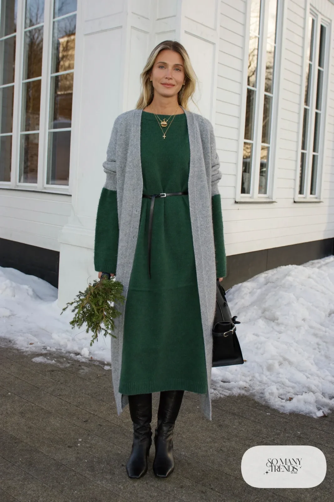 forest green knit midi dress black belt long grey cardigan black tall boots outfit 4