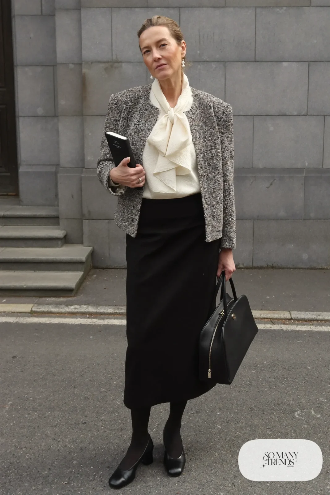 ivory blouse black midi skirt tweed jacket black opaque tights block heel pumps outfit 5