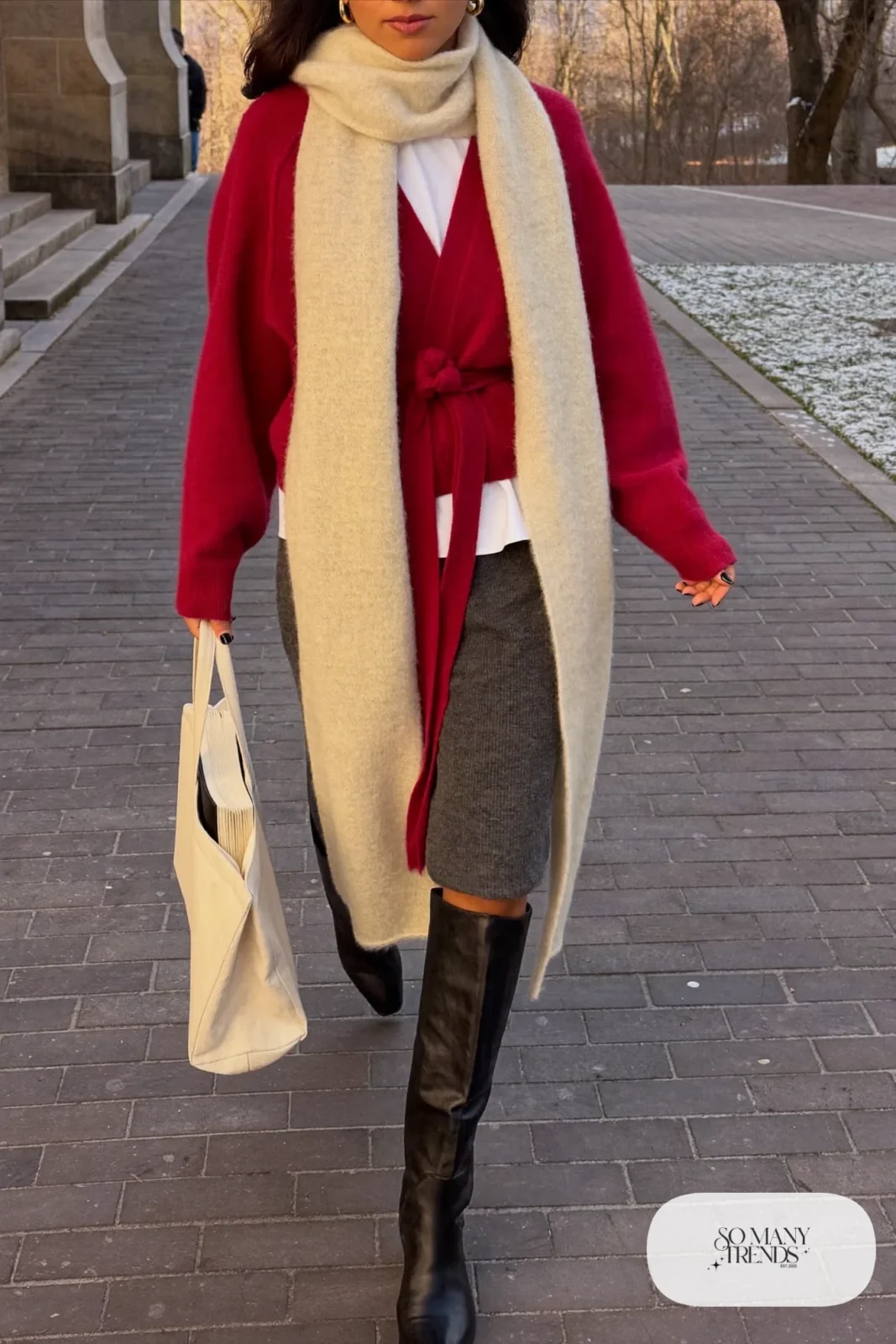 cranberry wrap cardigan charcoal knit midi skirt black tights ankle boots with trousers alt outfit 6