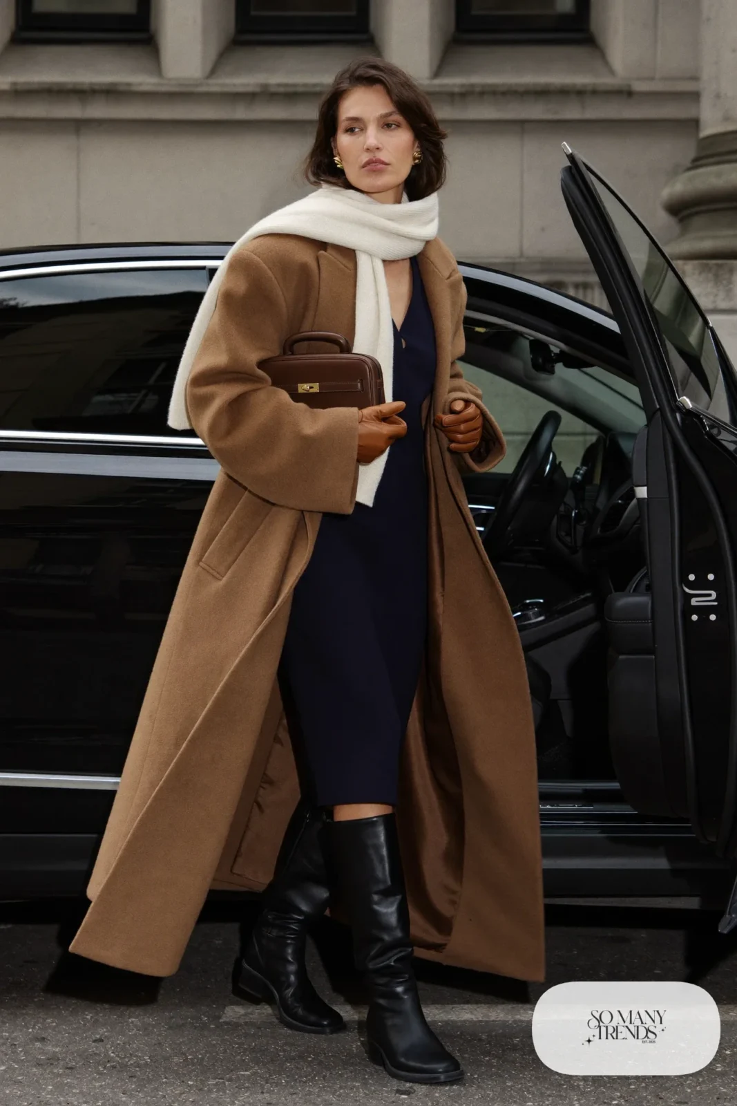 navy long sleeve midi dress long camel coat cream scarf black boots outfit 7