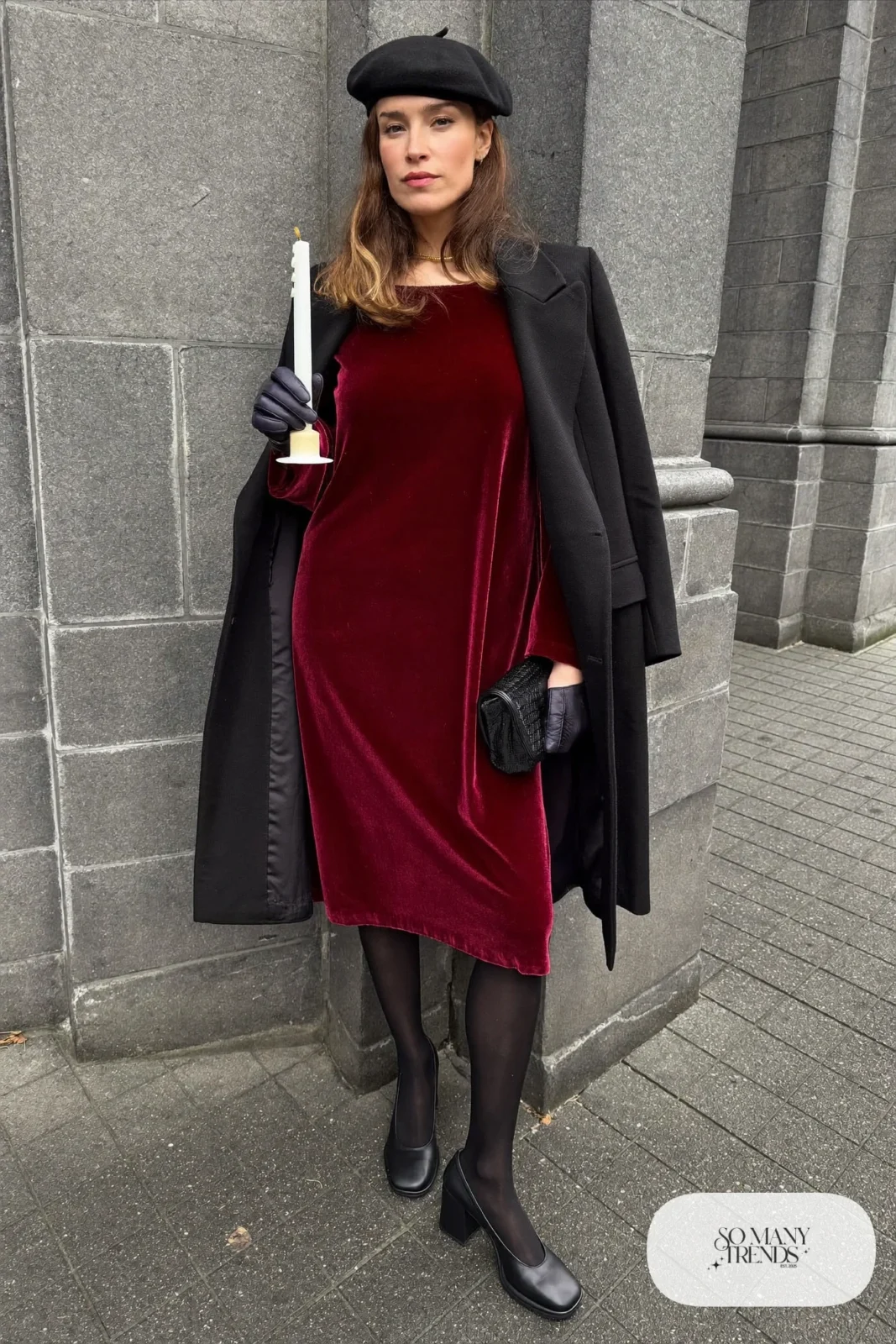 burgundy velvet long sleeve midi dress black wool coat black tights closed toe pumps outfit 8