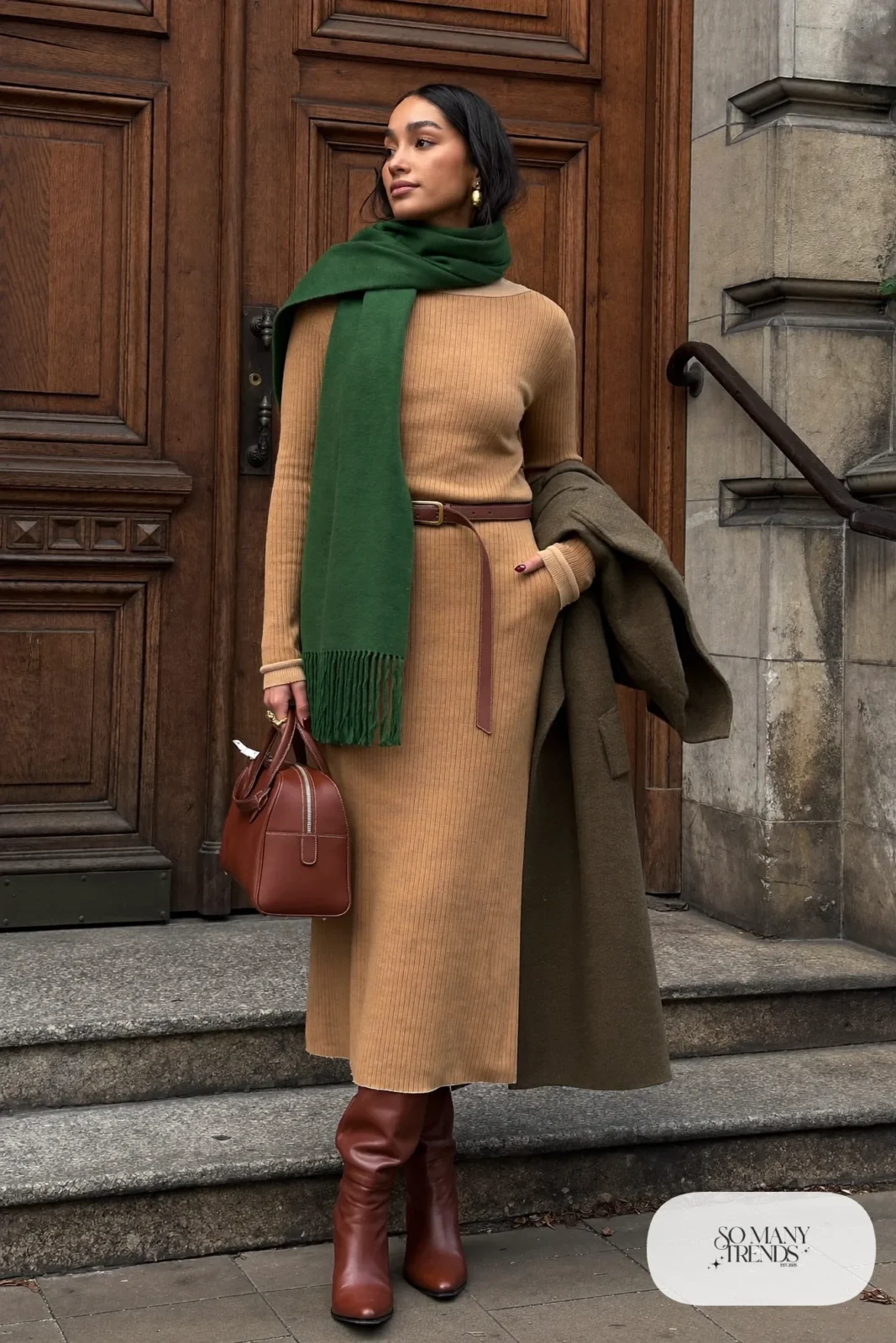 camel ribbed sweater midi dress brown leather belt tall brown boots green scarf outfit 9