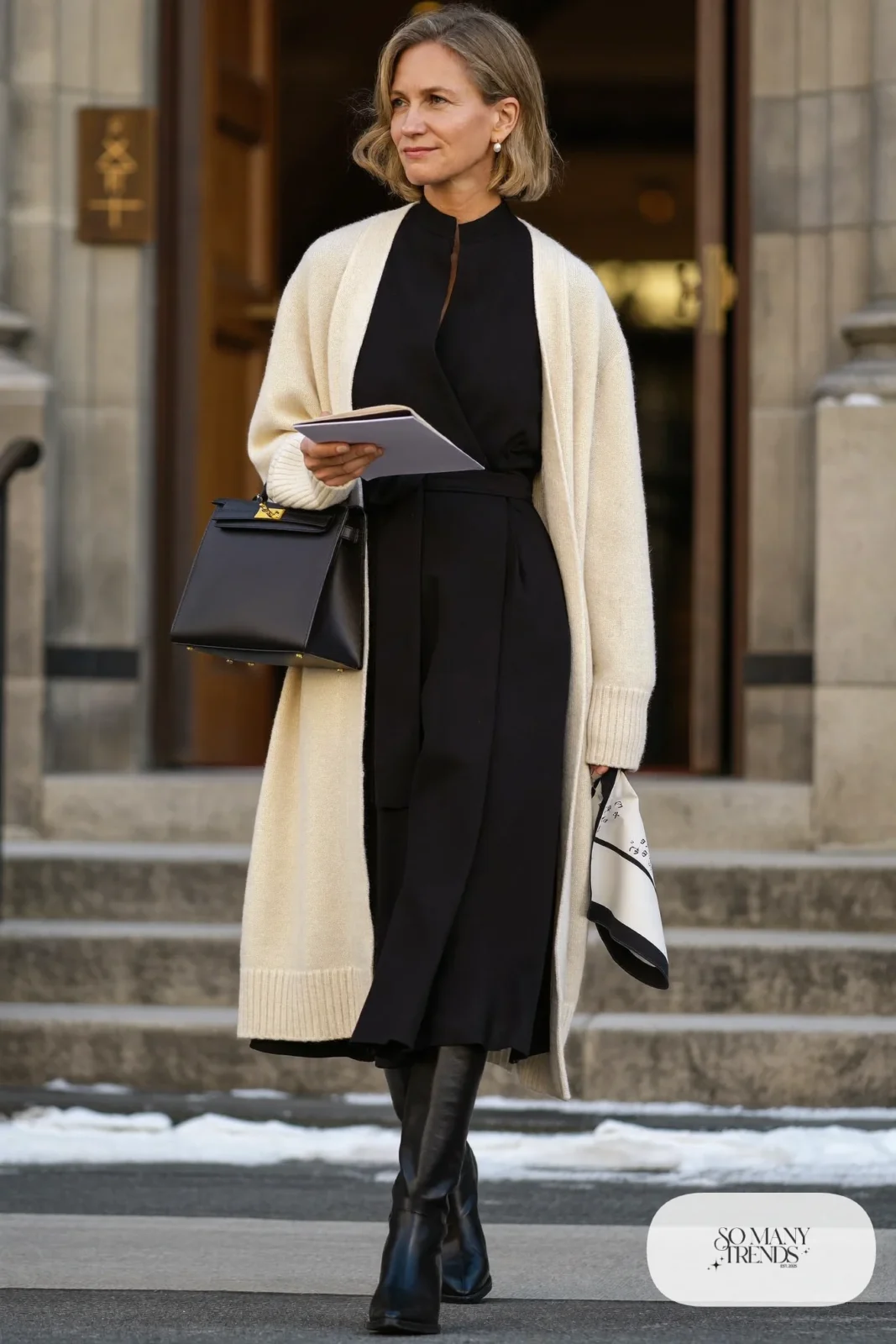 black long sleeve wrap midi dress long cream cardigan black tall boots pearl earrings outfit 10