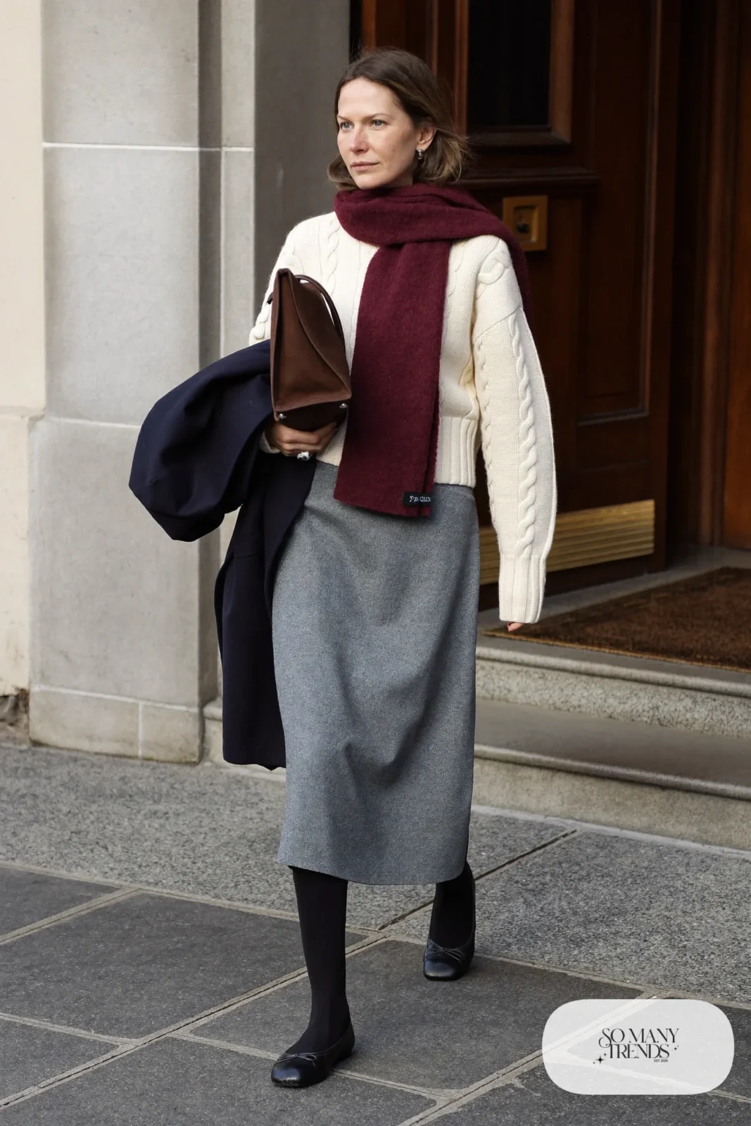 cream cable knit fisherman sweater grey flannel midi skirt burgundy scarf black flats outfit 12