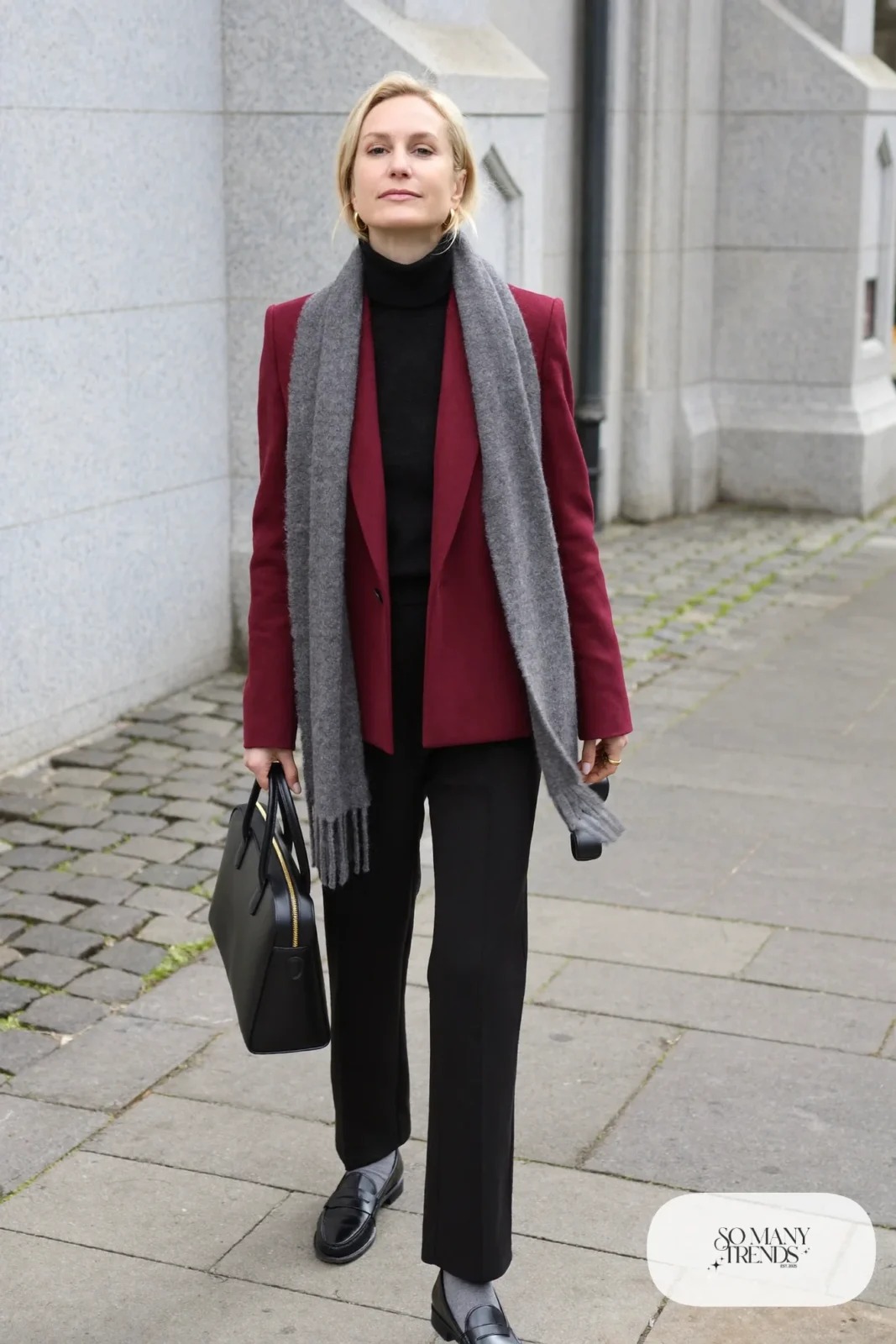 burgundy blazer black turtleneck black straight trousers black loafers grey socks outfit 14