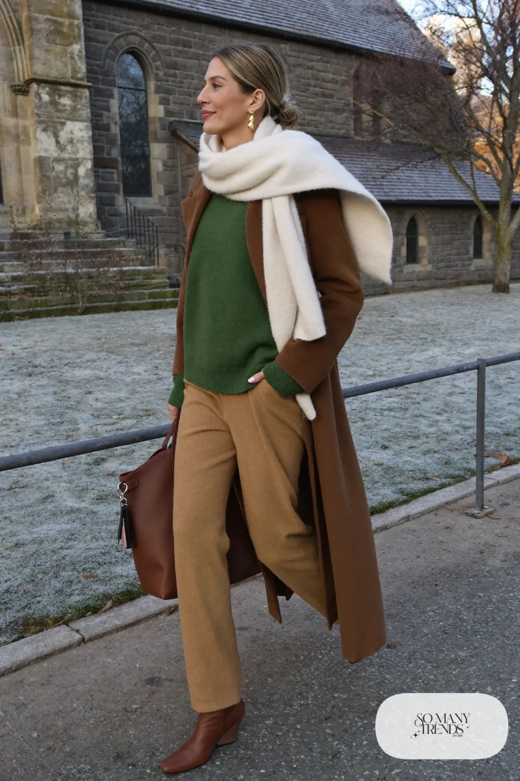 camel trousers forest green sweater brown wool coat brown ankle boots outfit 15