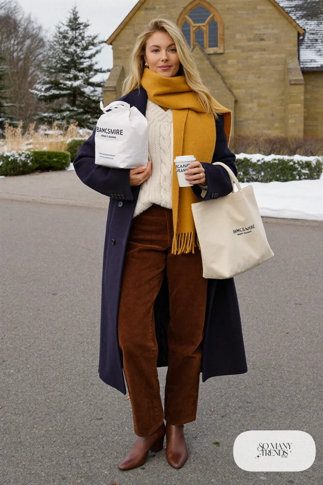 chocolate brown corduroy trousers cream cable sweater navy wool coat brown boots outfit 17