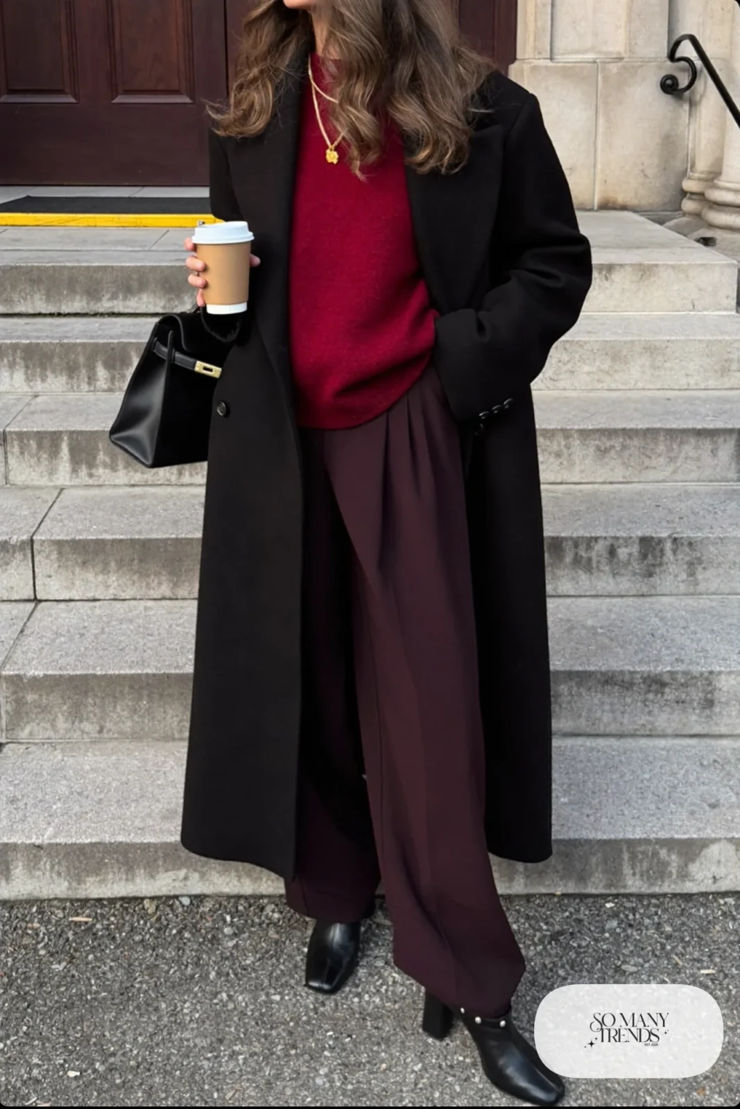 black palazzo trousers cranberry sweater black long coat black block heel ankle boots outfit 18
