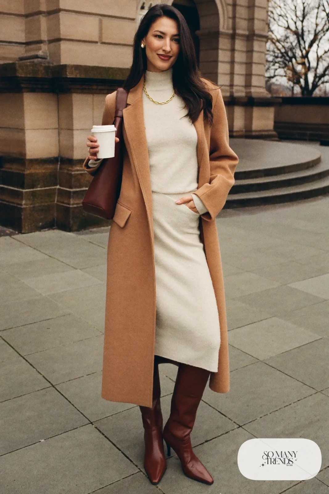 cream knit sweater and midi skirt set camel coat brown knee-high boots brown bag outfit 21