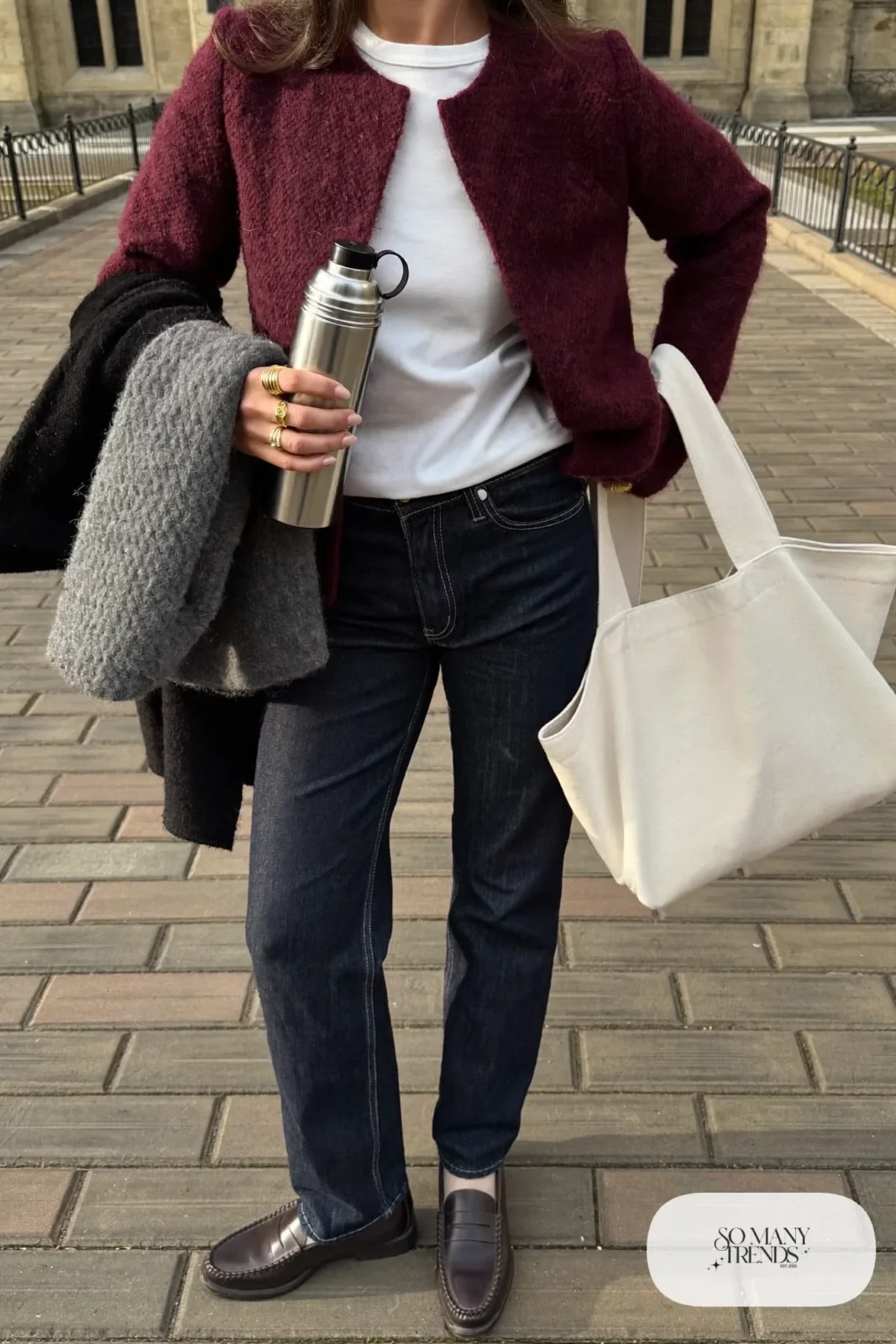 burgundy cardigan white tee dark straight jeans brown loafers grey scarf outfit 22