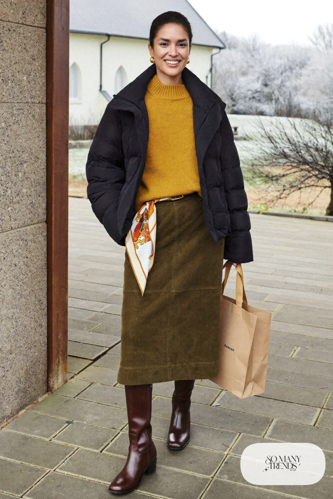 mustard mock neck sweater olive corduroy midi skirt brown boots quilted jacket outfit 23