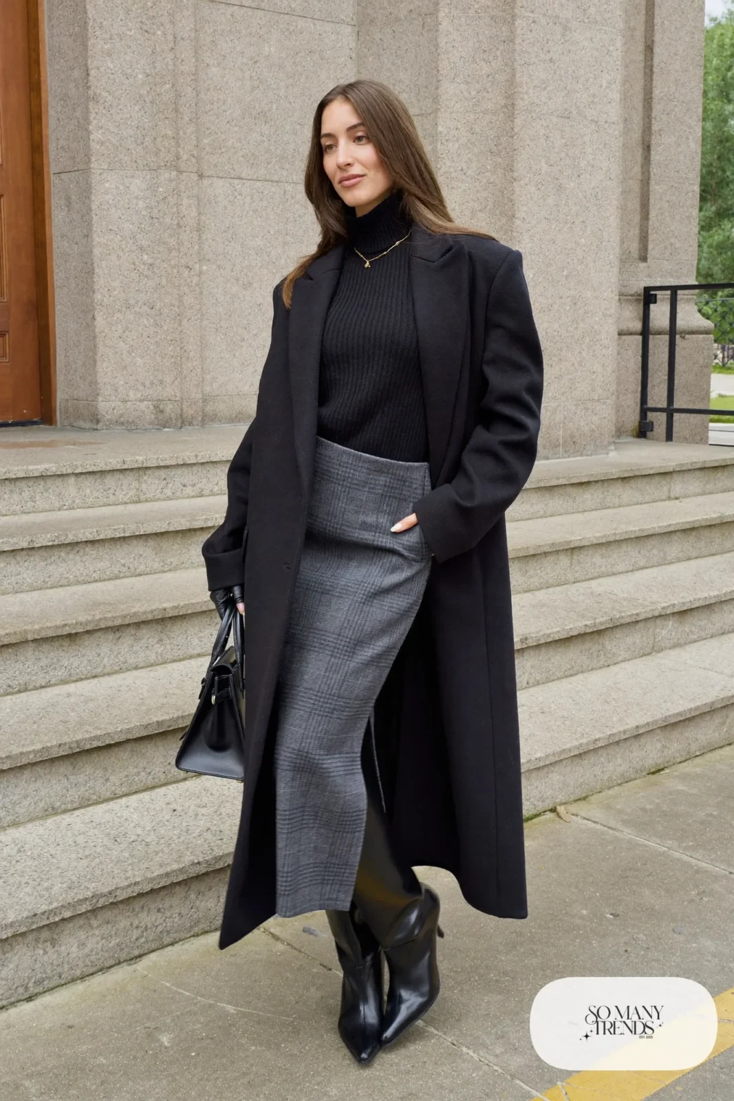 black turtleneck grey plaid midi skirt black tall boots long black coat outfit 24