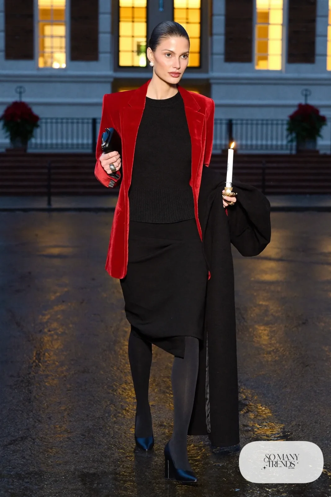 red velvet blazer black knit black midi skirt sheer tights closed toe pumps clutch outfit 25