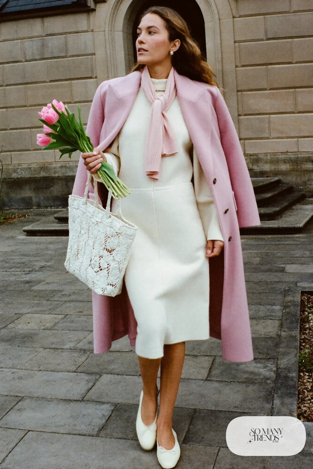 cream long sleeve midi dress blush wool coat cream closed toe flats light tote outfit 26