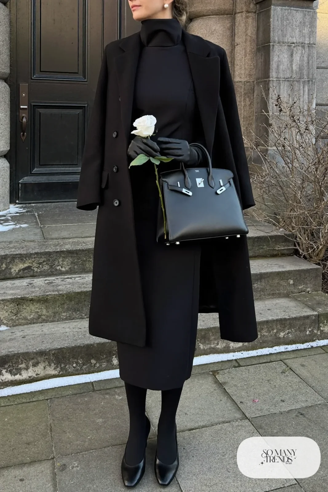 black long sleeve tailored midi dress long black wool coat black tights black pumps black bag outfit 27