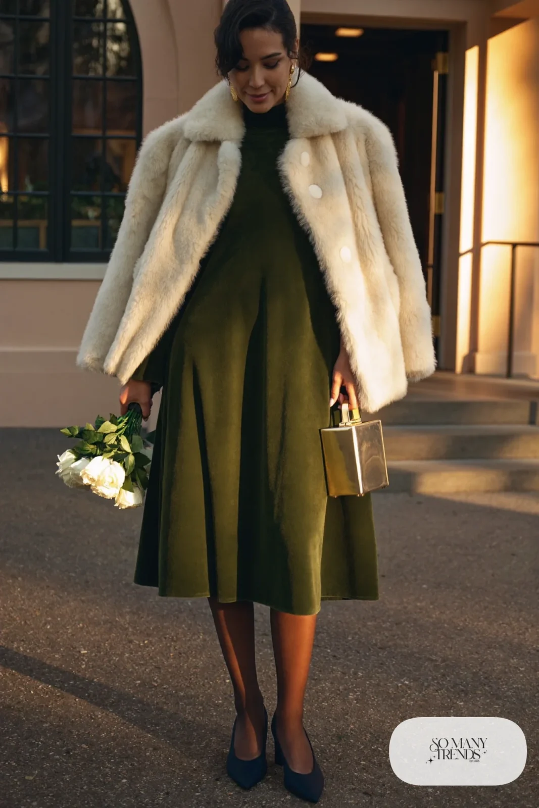 forest green long sleeve midi dress faux fur jacket sheer tights closed toe heels clutch outfit 28