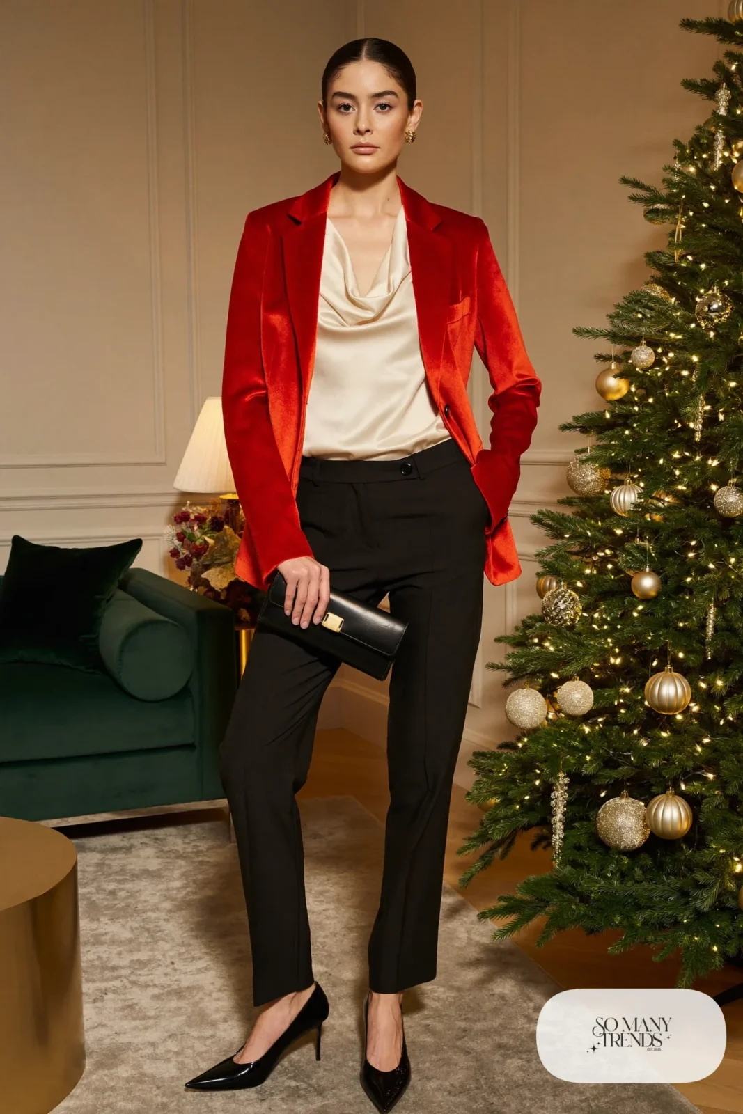 cherry red velvet blazer ivory silk blouse black trousers black pointed pumps gold hoops outfit 1