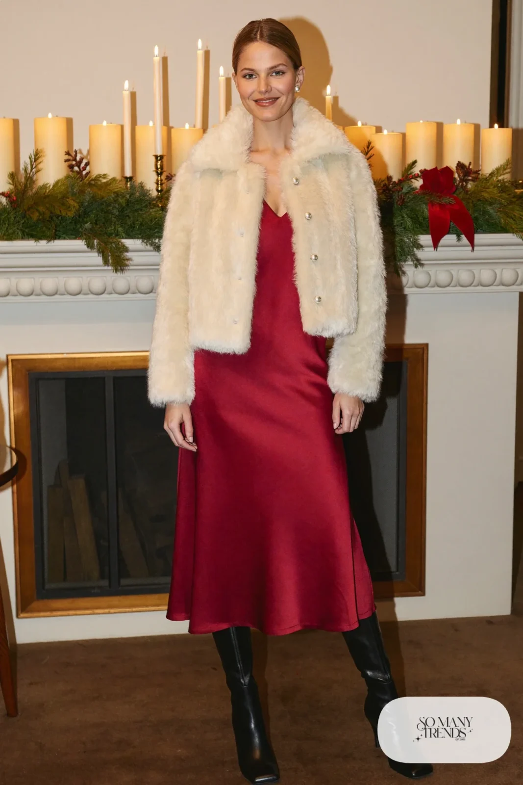 burgundy satin midi dress ivory faux fur jacket black knee-high boots pearl studs outfit 3