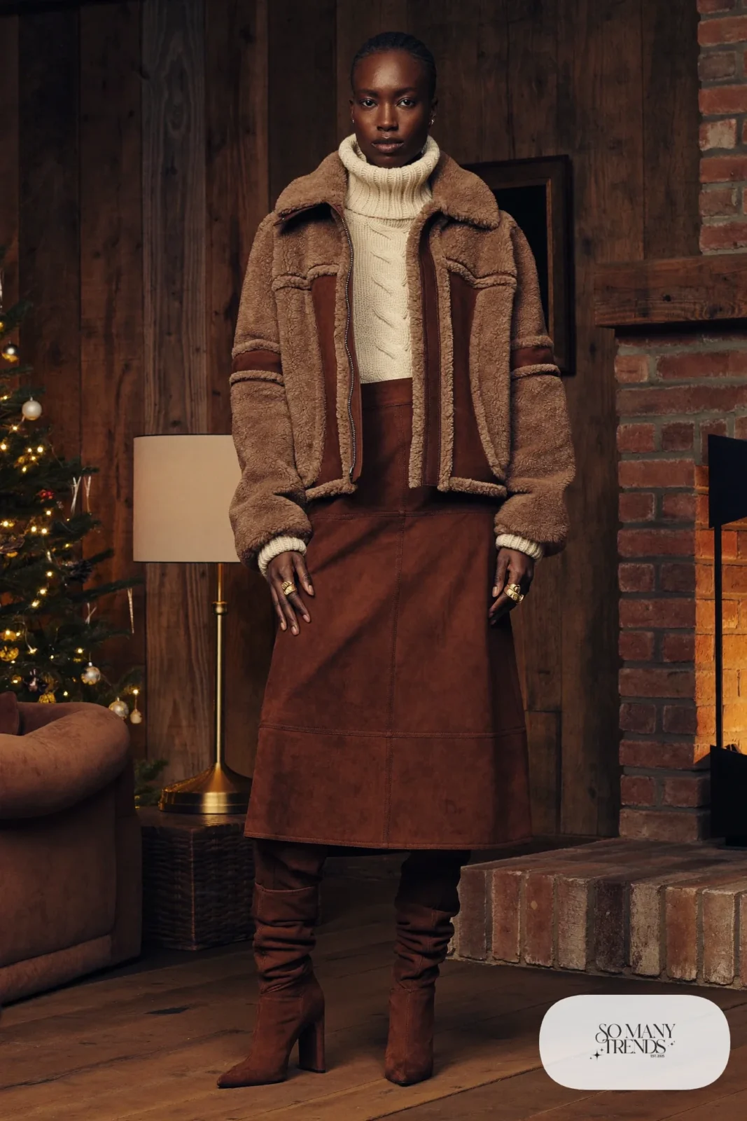 chocolate brown suede midi skirt cream knit turtleneck tall brown boots shearling jacket gold rings outfit 12
