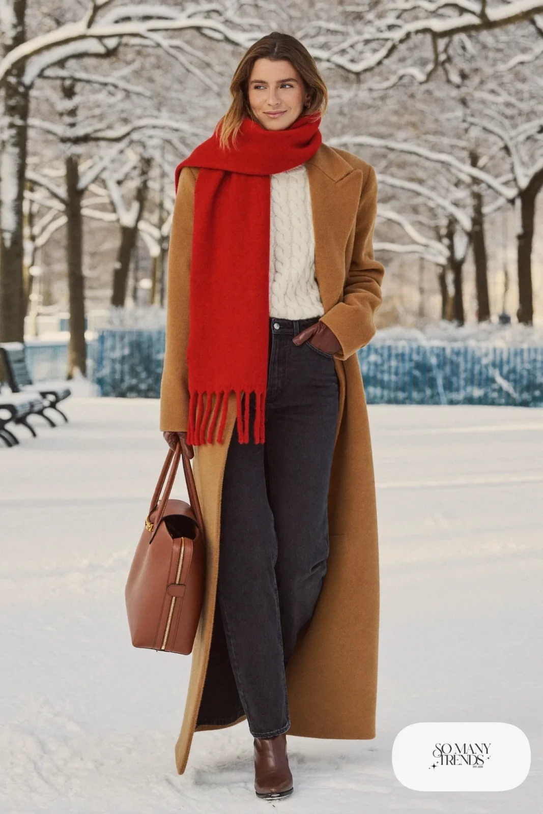 camel wool coat red wool scarf ivory knit dark straight jeans brown leather boots brown tote outfit 15