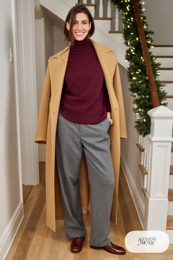 burgundy mock neck knit grey pleated wool trousers brown loafers long camel coat gold watch outfit 17