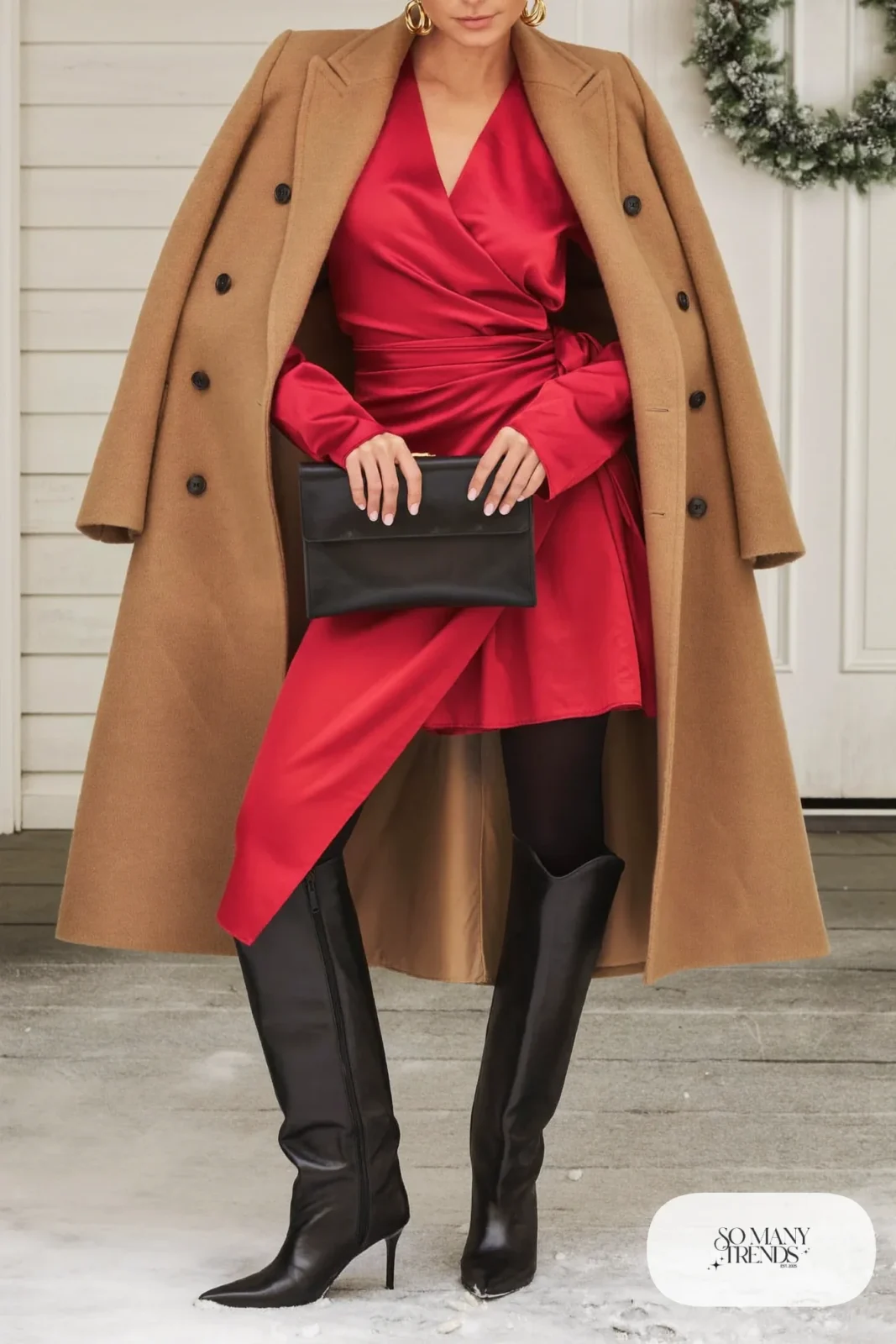 red satin wrap midi dress camel coat black tall boots black sheer tights gold hoops black clutch outfit 20