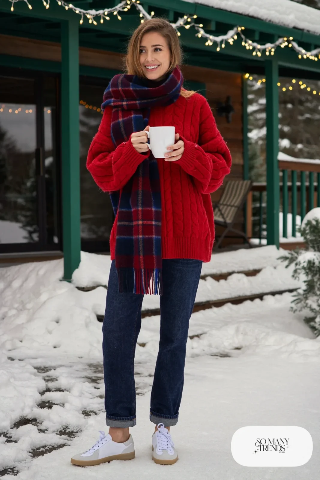 red cable knit sweater dark straight leg jeans white leather sneakers plaid flannel scarf outfit 27