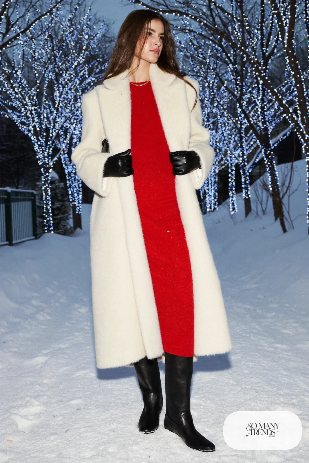 winter white wool coat red knit midi dress black tall boots black leather gloves gold necklace outfit 32