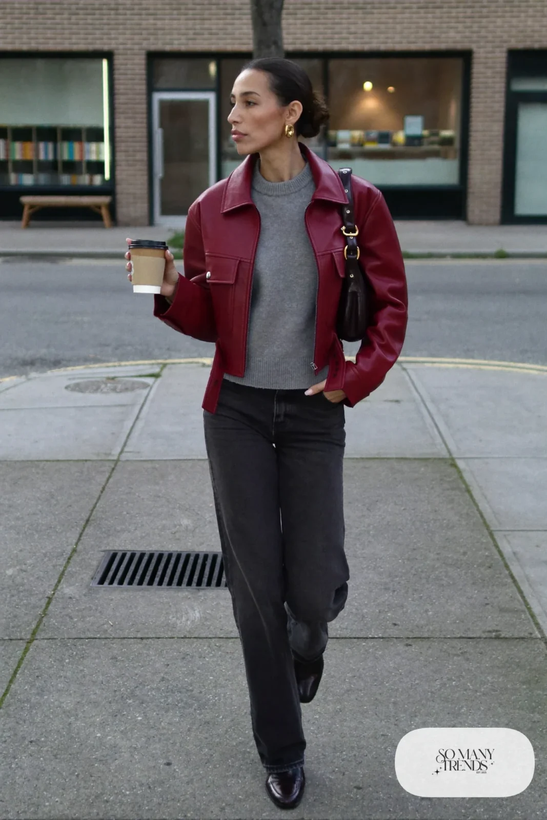 burgundy faux leather jacket grey knit dark jeans loafers winter outfit 1